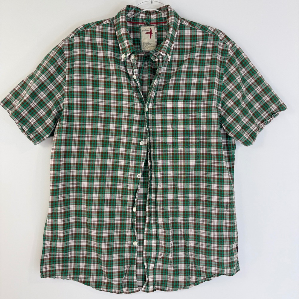 Huckberry Relwen Airtex Seersucker Shirt Mens L Green Plaid Short Sleeve Button